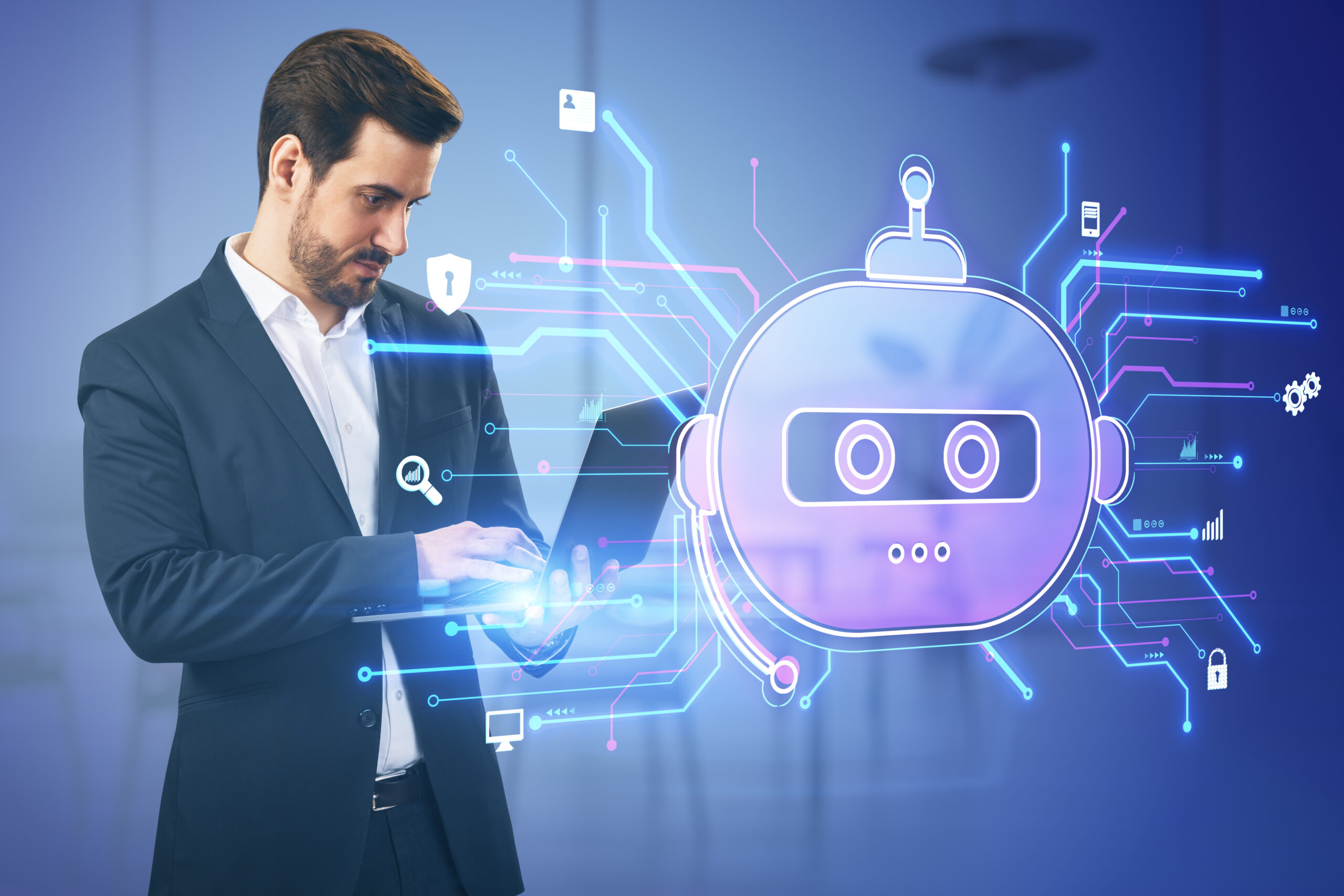 Attractive young european businessman using laptop with creative robot hologram on blurry office interior background. Chat GPT and ai, customer support and bot concept.