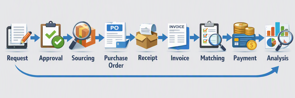 Procure-to-pay process flow: request, approval, sourcing, purchase order, receipt, invoice, matching, payment and analysis