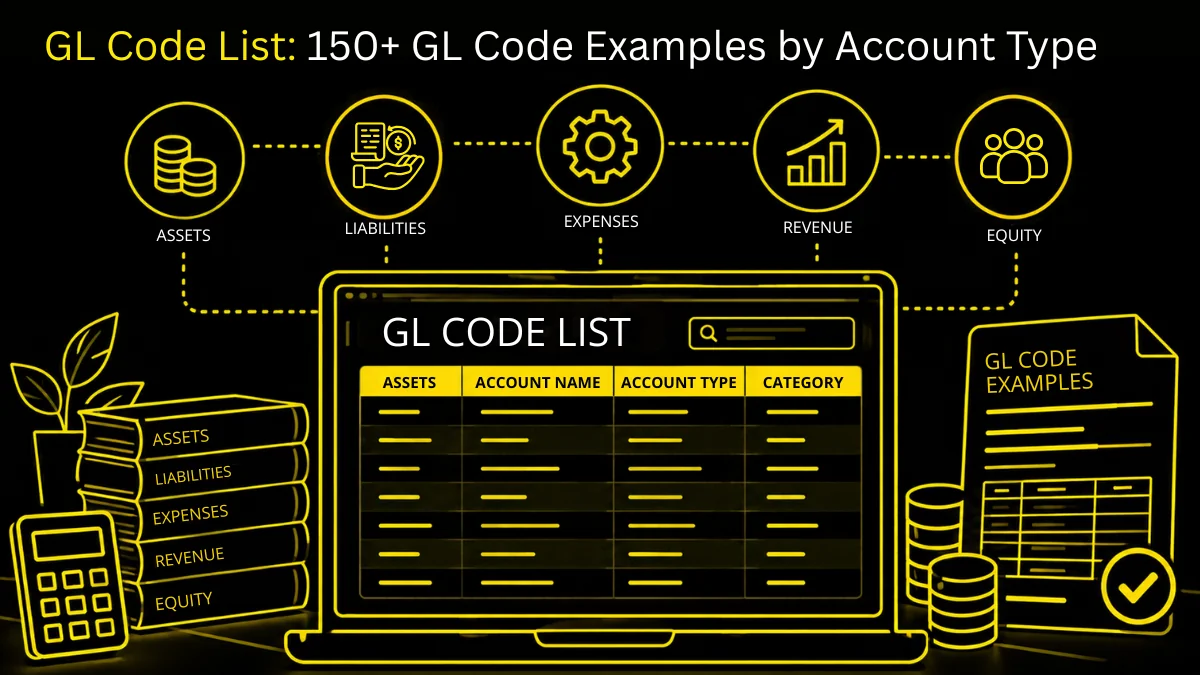 GL code list organised by account type with sample general ledger codes