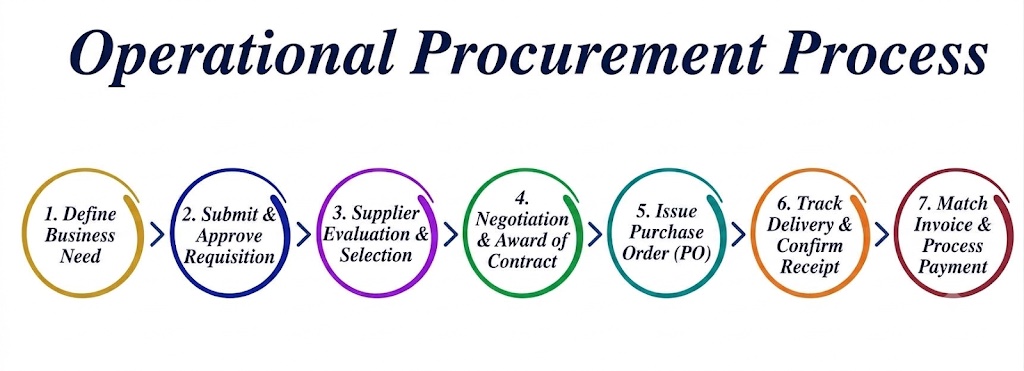 Operational procurement process: define business need, submit and approve requisition, supplier evaluation and selection, negotiation and award of contract, issue purchase order, track delivery and confirm receipt, match invoice and process payment