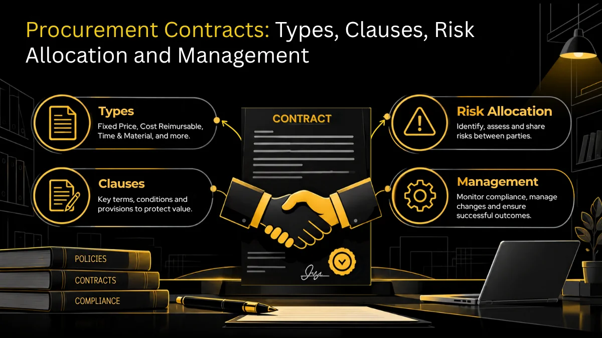Procurement contract with highlighted clauses and a scale representing risk allocation