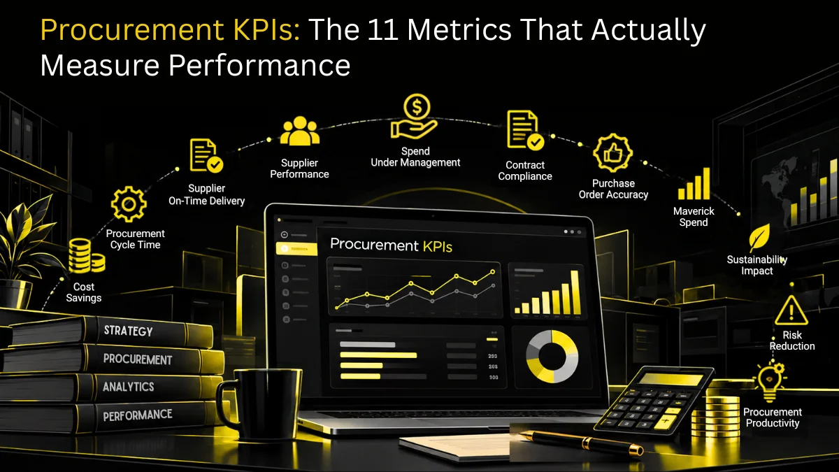 Procurement KPIs displayed as dashboard tiles for savings, cycle time and compliance
