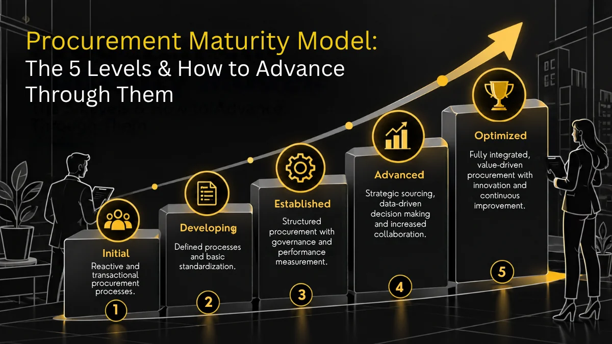 Procurement maturity model shown as five levels from reactive to prescriptive