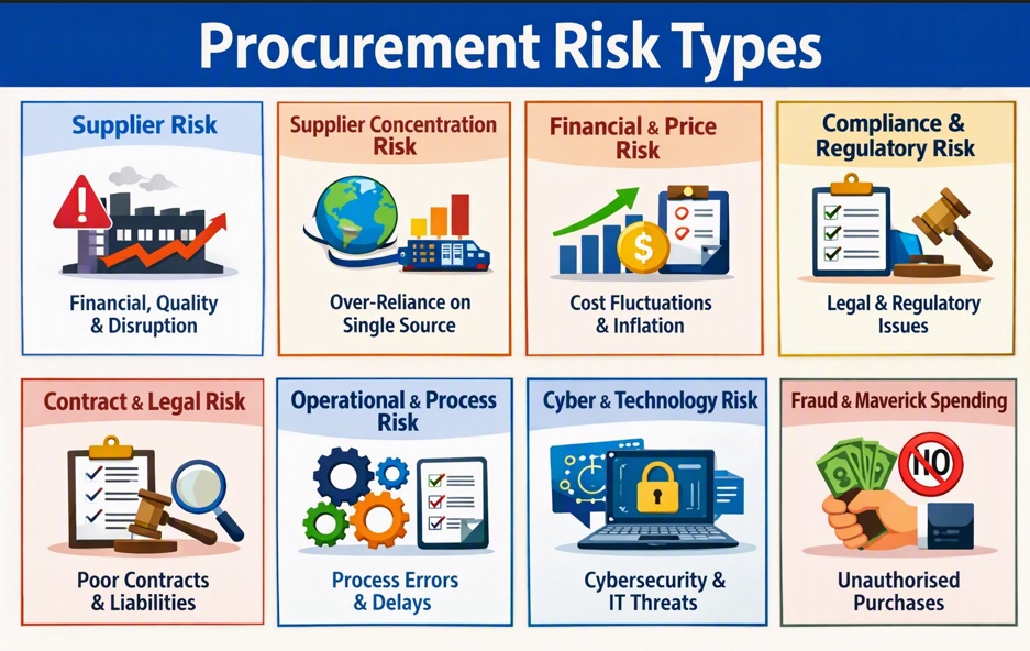Procurement risk types: supplier, supplier concentration, financial and price, compliance and regulatory, contract and legal, operational and process, cyber and technology, fraud and maverick spending