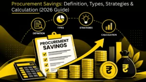 Procurement savings shown as a rising stack of coins and a savings calculation