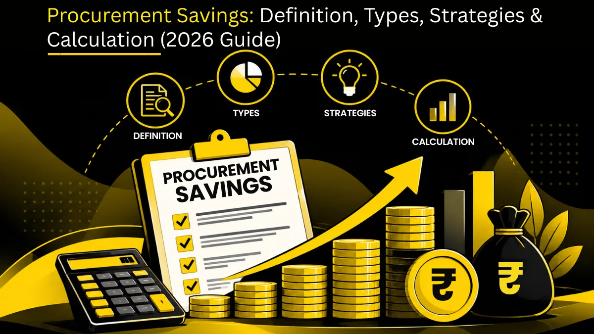 Procurement savings shown as a rising stack of coins and a savings calculation