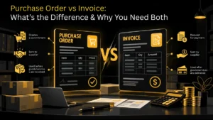 Purchase order vs invoice shown as two documents flowing between buyer and supplier