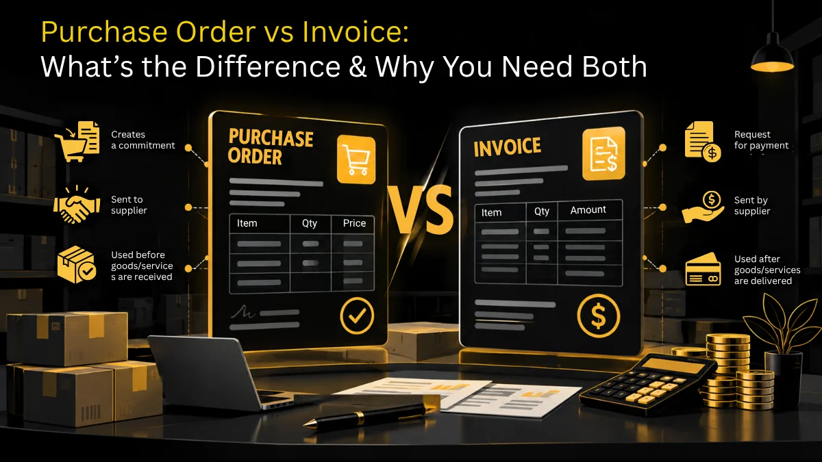 Purchase order vs invoice shown as two documents flowing between buyer and supplier