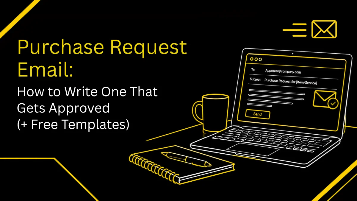 Purchase request email draft with approval stamp and free email template cards
